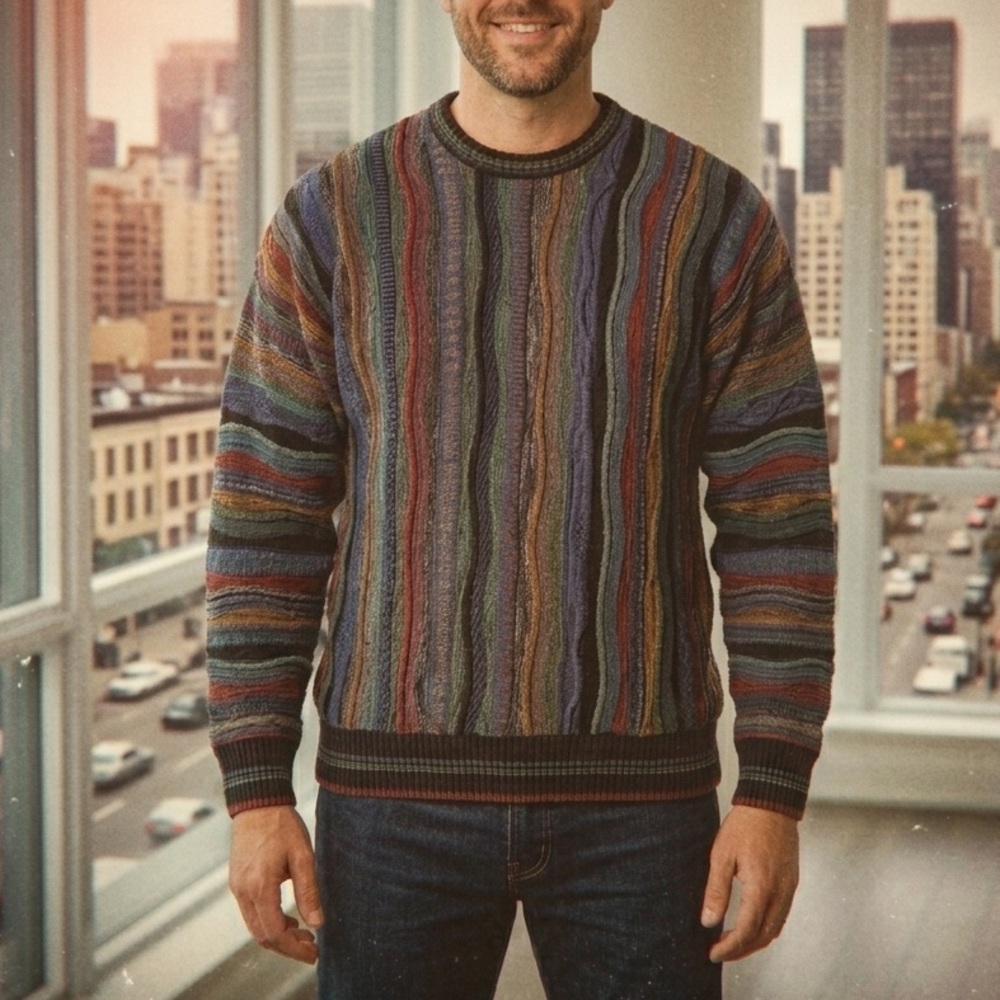 Via Europa vibrant sweater is a vintage 90s 3D knit pullover abstract Size M